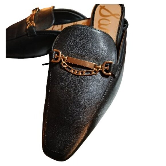 SAM EDELMAN Black Leather Mules Gold Bar & Chain 8M- like new. - Picture 1 of 8